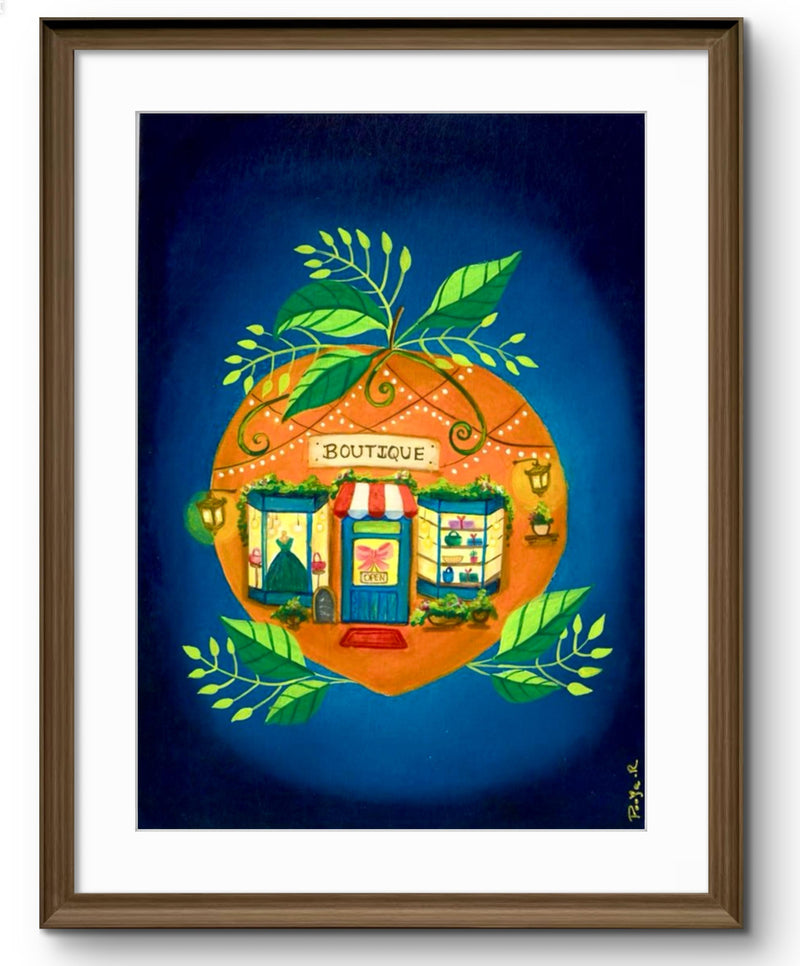 A charming little storefront painted in warm apricot hues.