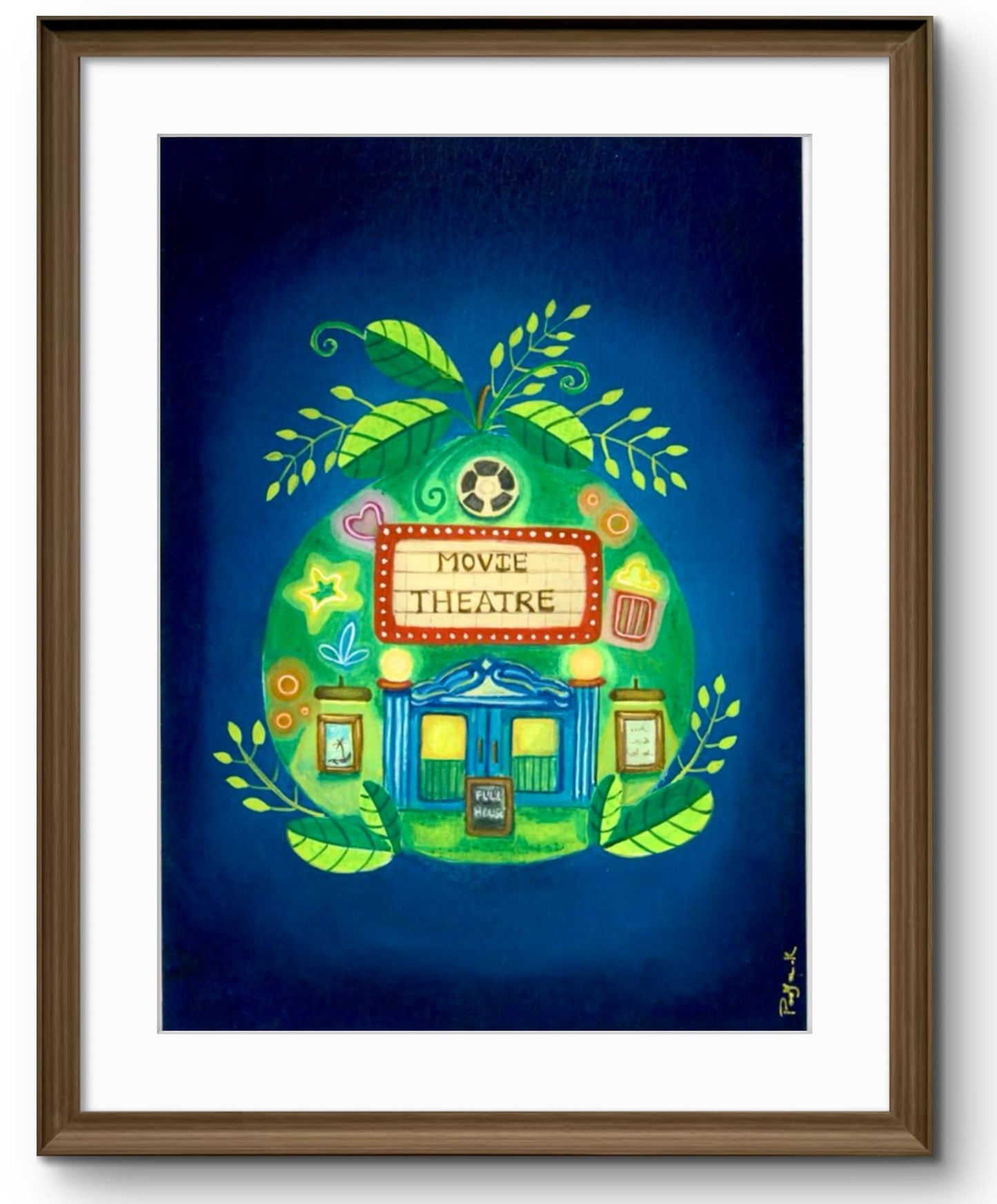 A neon-lit theater filled with guava-inspired colours — soft pinks, greens, and glowing accents.