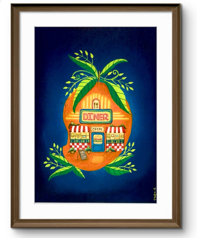 A glowing 24/7 diner painted in juicy mango tones.