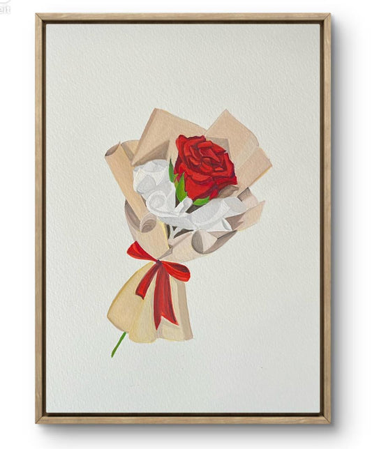 Framed artwork of a bouquet with red and white flowers on a light background